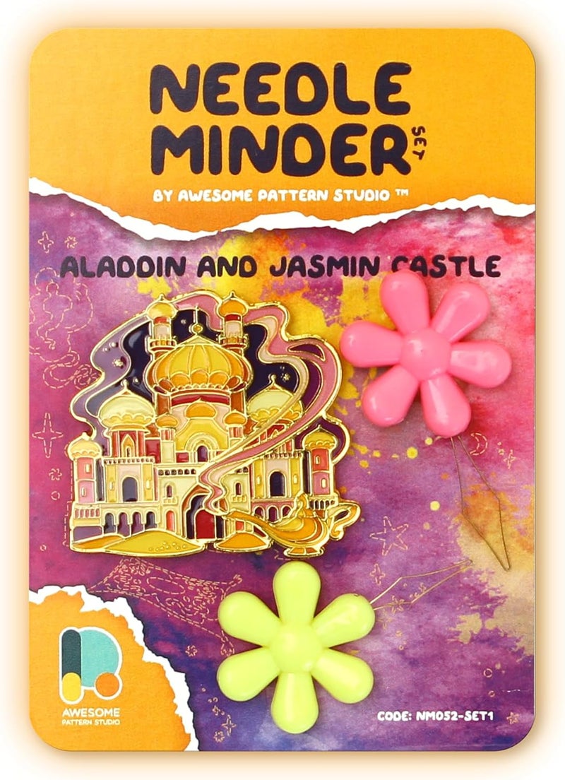 Awesome Pattern Studio Needle Minder Set - Aladdin and Jasmin Castle Magnetic Needle Minder + 2 Needle Threaders. Enamel Pin for Cross Stitch, Embroidery and Craft - Image 1